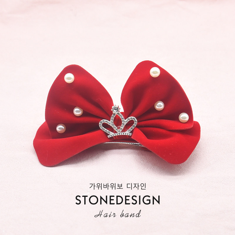 公主红色蝴蝶结发夹珍珠皇冠顶夹