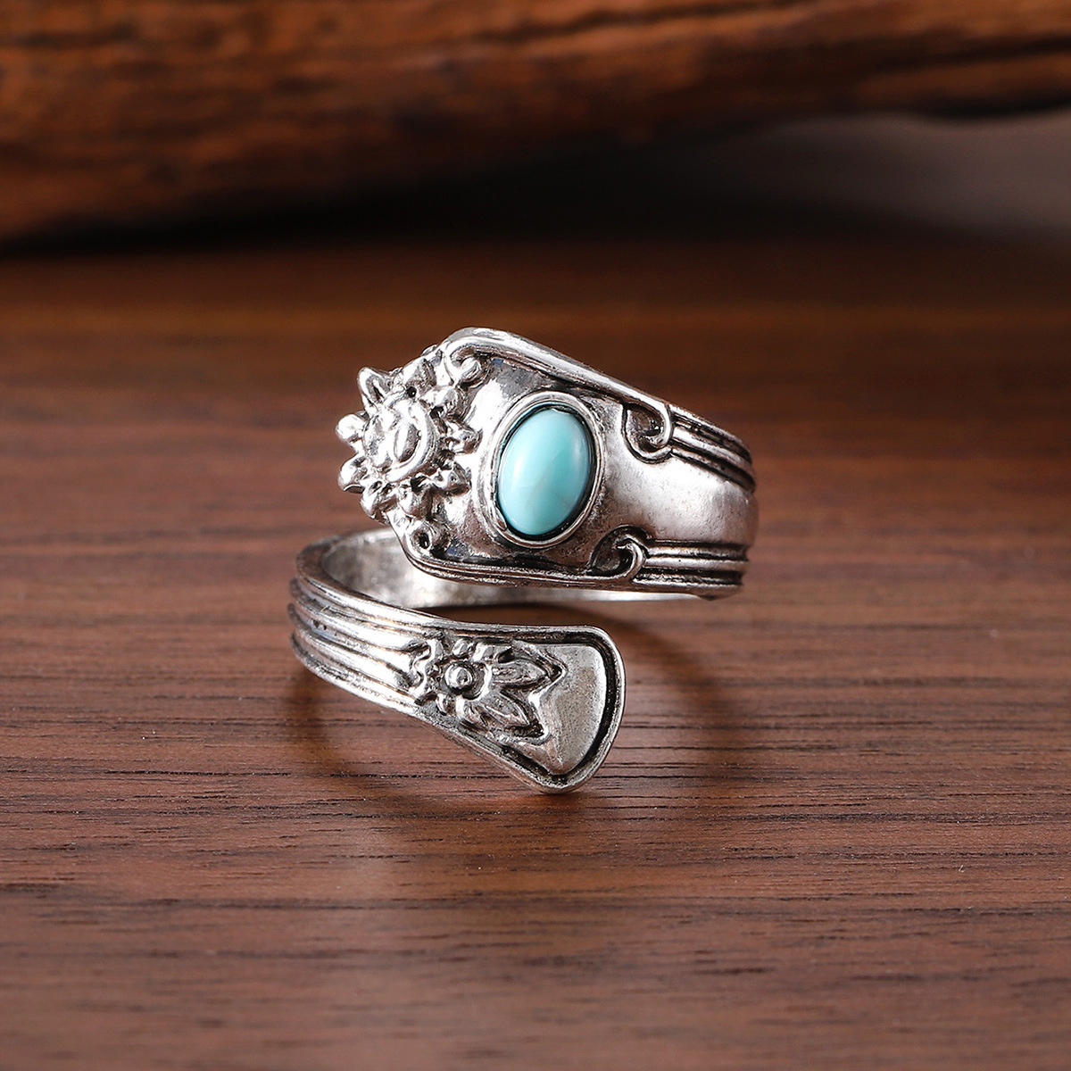 欧美新款复古绿松石雕花开口可调节戒指 波西米亚小众百搭饰品