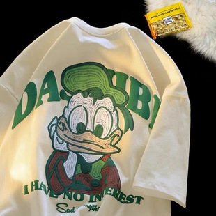 上衣 oversize慵懒风半袖 古着奶杏色唐老鸭纯棉短袖 t恤女宽松夏季