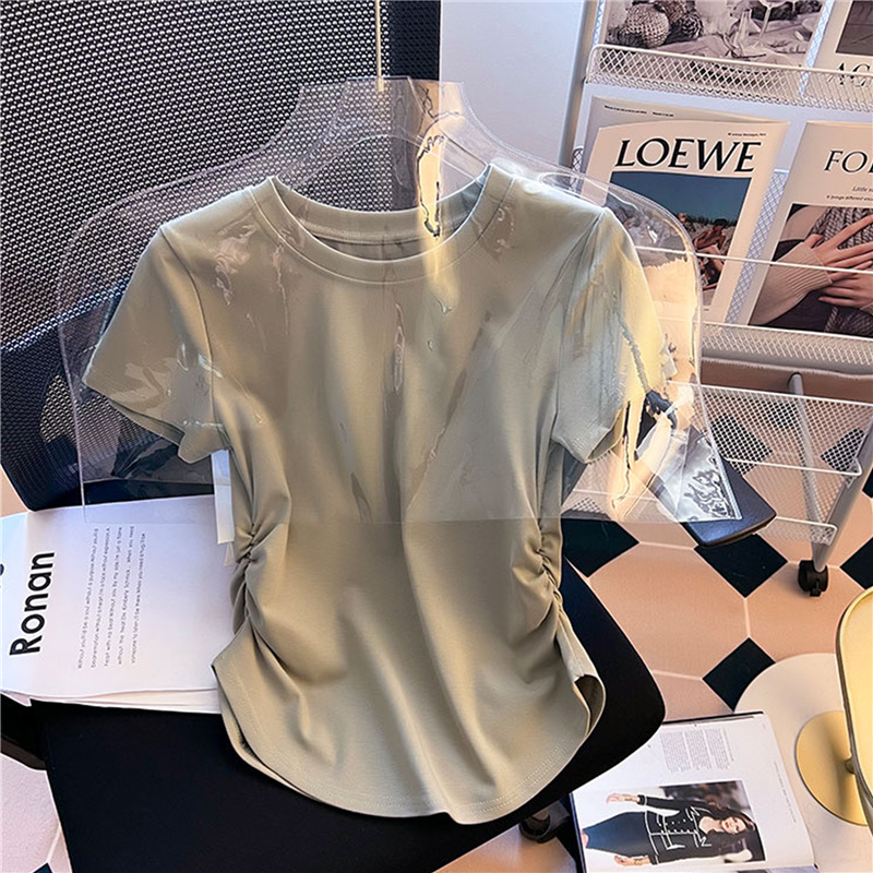 甜辣妹设计感褶皱收腰不规则女士上衣短袖夏圆领套头显瘦百搭T恤