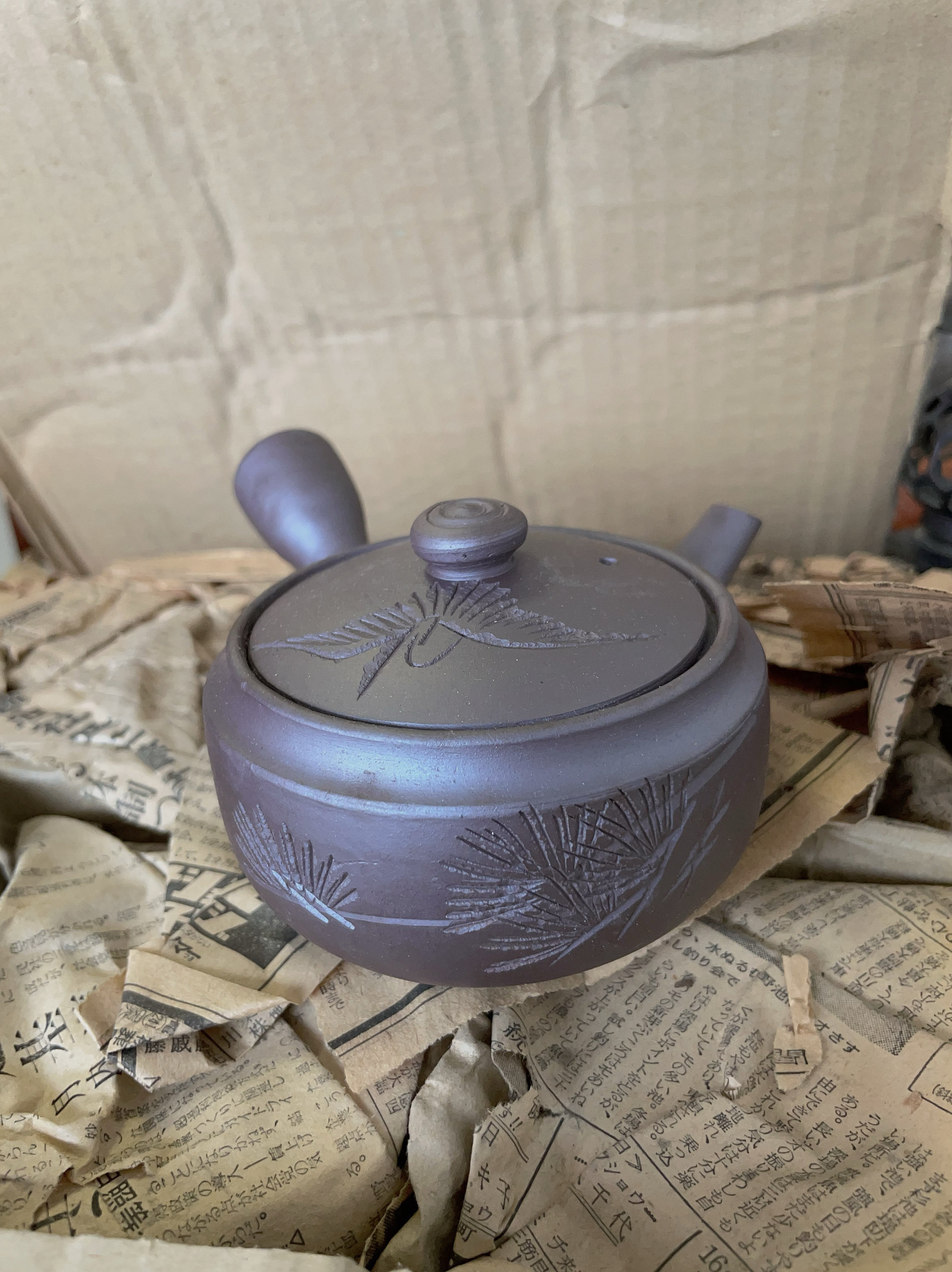 降价啦 日本制 万古烧 侧把壶 茶壶 手工雕刻 2-190