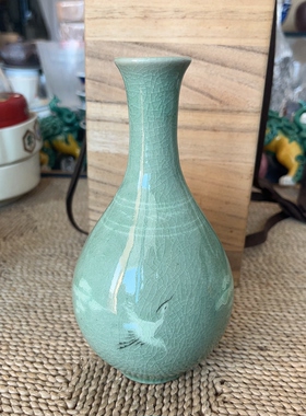 日本回流 高丽青瓷 花瓶 花器 镶嵌云鹤纹 手工制作 2-502