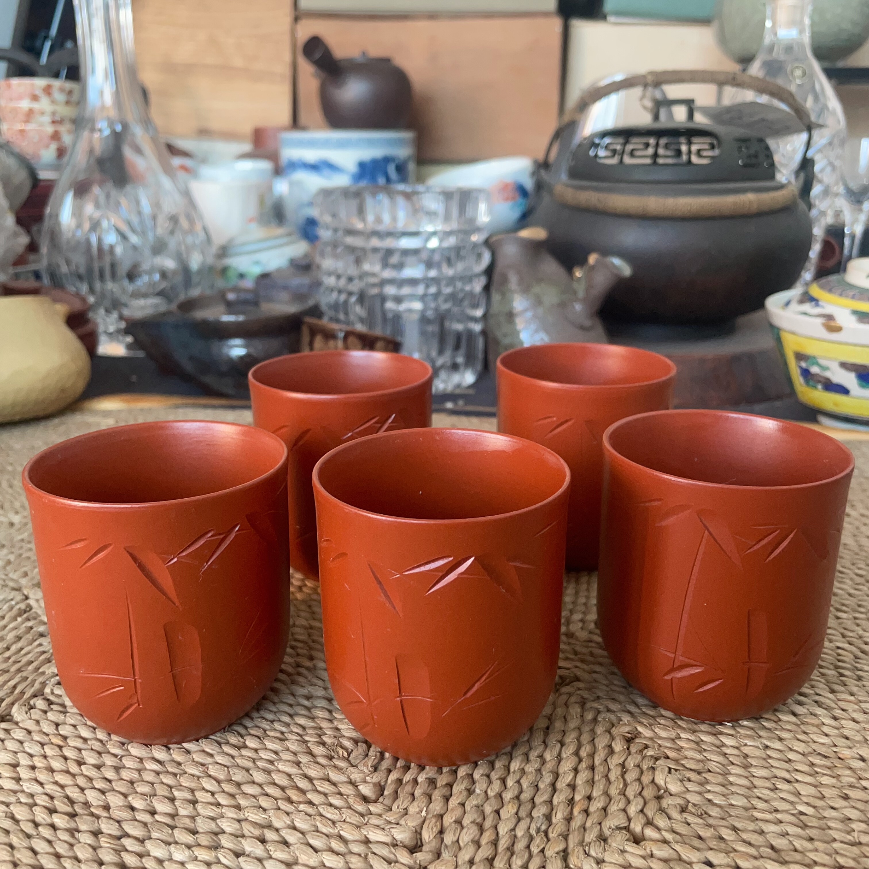 日本制 朱泥 刀刻 竹纹 茶杯 水杯 五客杯 1-230,餐饮具,茶杯,淘宝优惠券,粉丝福利购,淘宝优惠卷