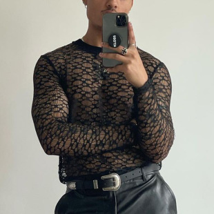 Men's Lace Cutout Slim Fit Black Slightly Sheer Top镂空T恤男