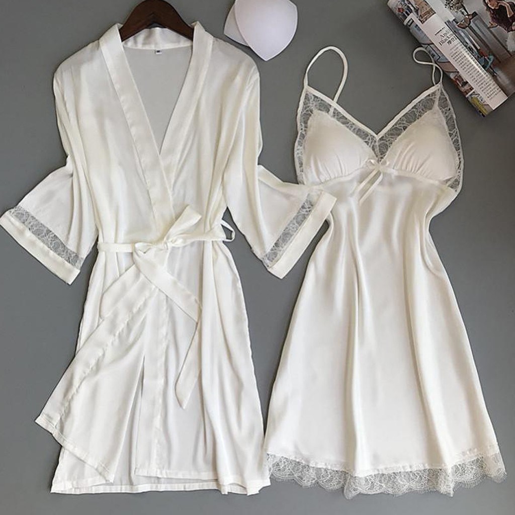 Robe Set Lace Trim Sleepwear Casual Home Clothes Nightwear