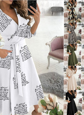 neck Printing Bag Hip New Bandage Irregular Long Dress Women