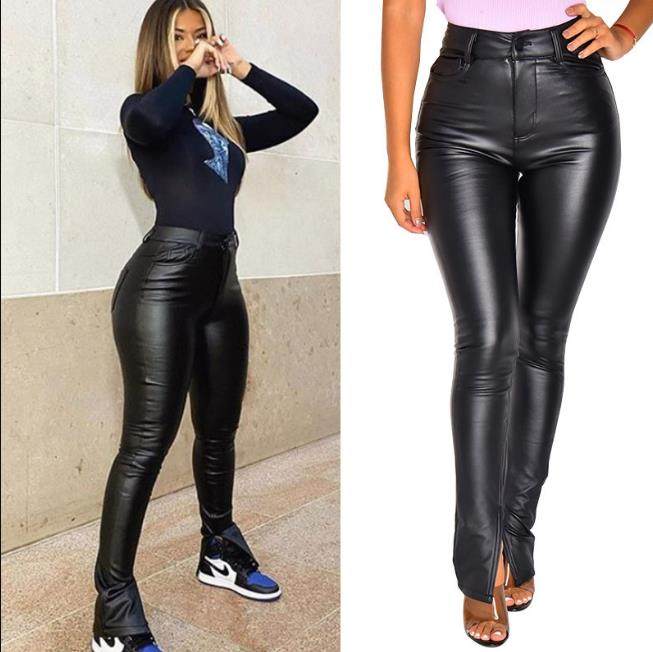 PU皮脚口开叉铅笔裤女 PU Leather High Waist Slit Pencil Pants
