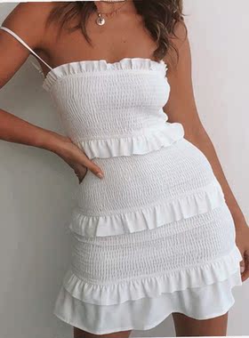 Ladies Elegant Solid Color Slim Ruffle Pencil Skirt 连衣裙女