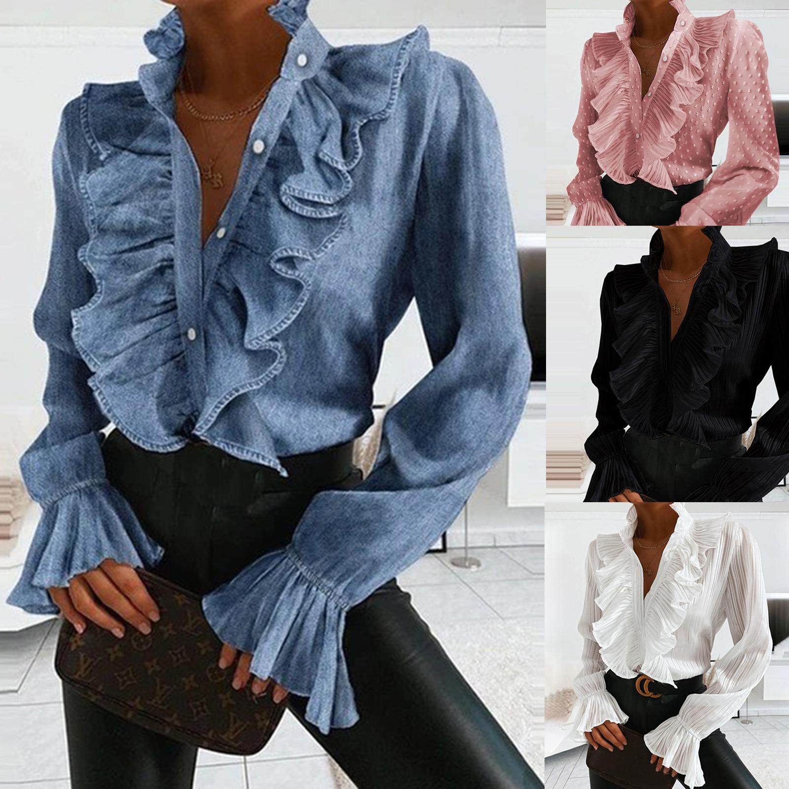 Ruffled Pleated Long Sleeve Shirt 通勤纯色荷叶边压褶长袖衬衫