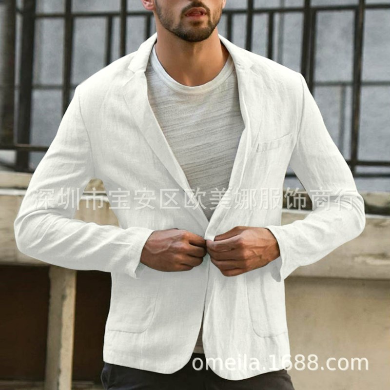 Patched cotton and linen regular long-sleeve blazer
