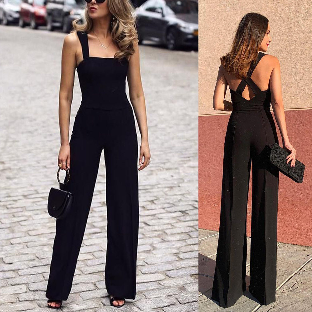 Women sexy backless Jumpsuit 欧美连体裤阔腿裤中腰露背长裤