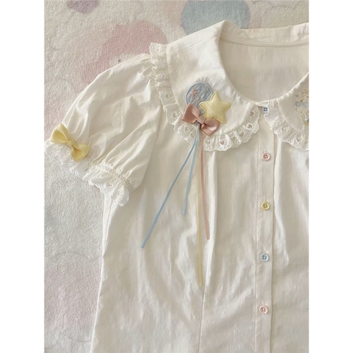 日系彩色扣星星刺绣短袖lolita内搭甜美可爱蝴蝶结娃娃领衬衣上衣