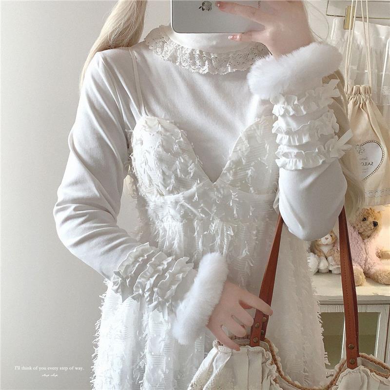 冬季Lolita内搭可爱蝴蝶结德绒高领百搭上衣洛丽塔打底衫长袖秋冬