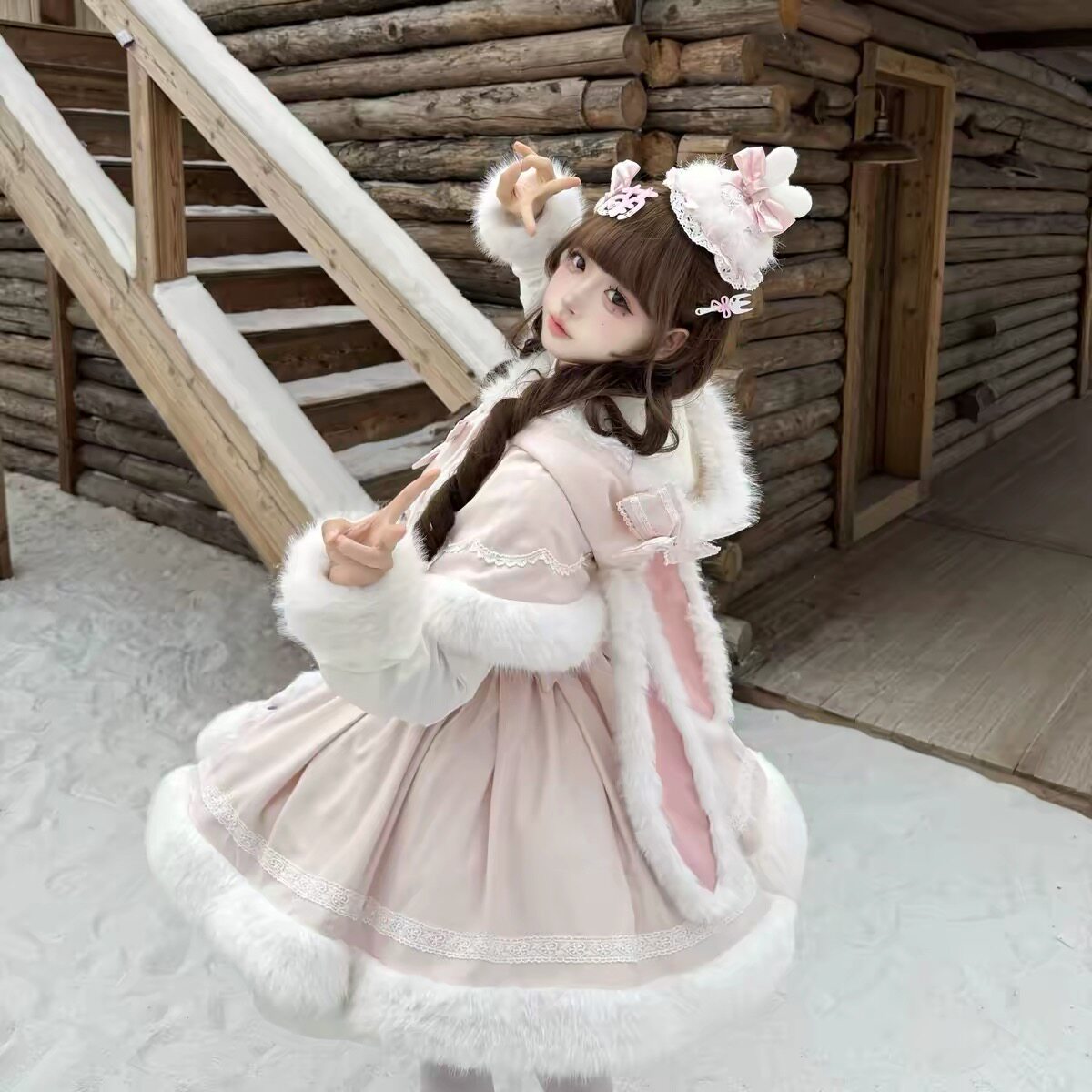 甜梦小兔 甜美温柔毛绒小兔斗篷洛丽塔OP+JSK双款连衣裙套装女