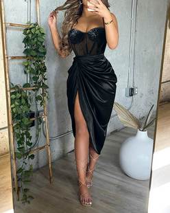 Sequin Dress 褶皱裙 Party 吊带拼装 Split Ruched Contrast High