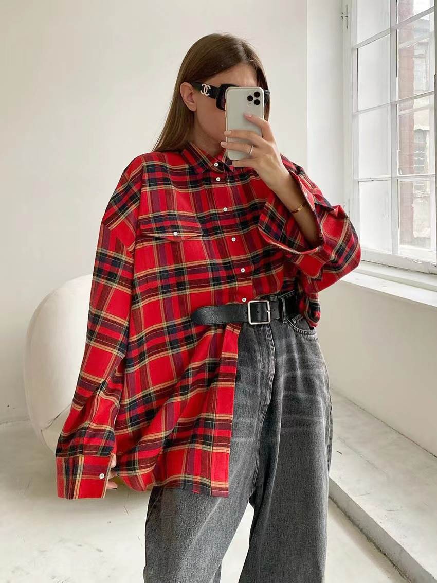欧美风百搭格子衬衫时尚潮流复古格纹宽松上衣 Loose plaid shirt