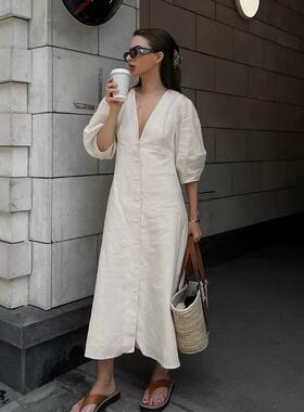 2023Women Linen Dress Puff Sleeve Long Backless Button Dress