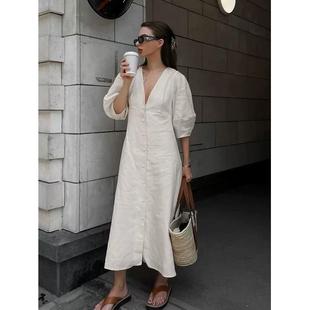 Puff Dress Sleeve Long Button 2023Women Backless Linen