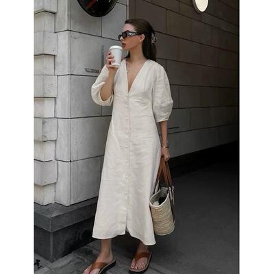 2023Women Linen Dress Puff Sleeve Long Backless Button Dress