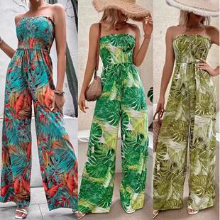 假日休闲性感抹胸印花阔腿连体裤 女式 新款 速卖通亚马逊2024夏季