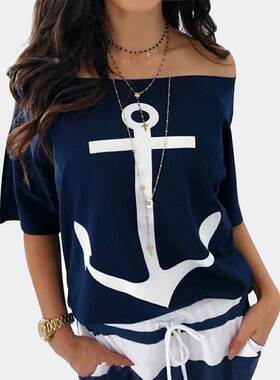 2019新款夏装欧美风宽松一字领露肩蝙蝠衫船锚印花T恤女潮 Women
