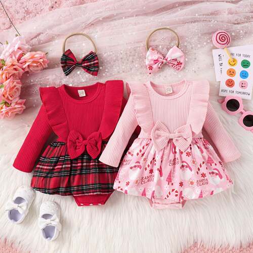 Baby Bow Santa Claus Red Plaid Dress婴儿蝴蝶结圣诞老人裙子