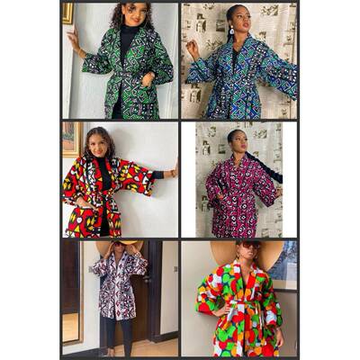 非洲印花拼接腰带口袋外套女装African kimono print coat top