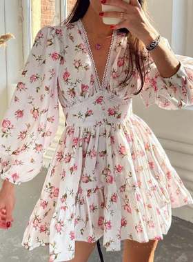 Chiffon autumn dress雪纺灯笼袖V领印花长袖收腰A型纯欲风连衣裙