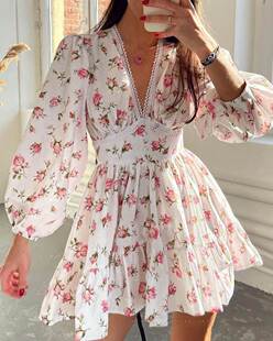 Chiffon autumn dress雪纺灯笼袖V领印花长袖收腰A型纯欲风连衣裙