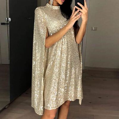 Cape Sequin party dress women+欧美时尚披风亮片生日派对连衣裙