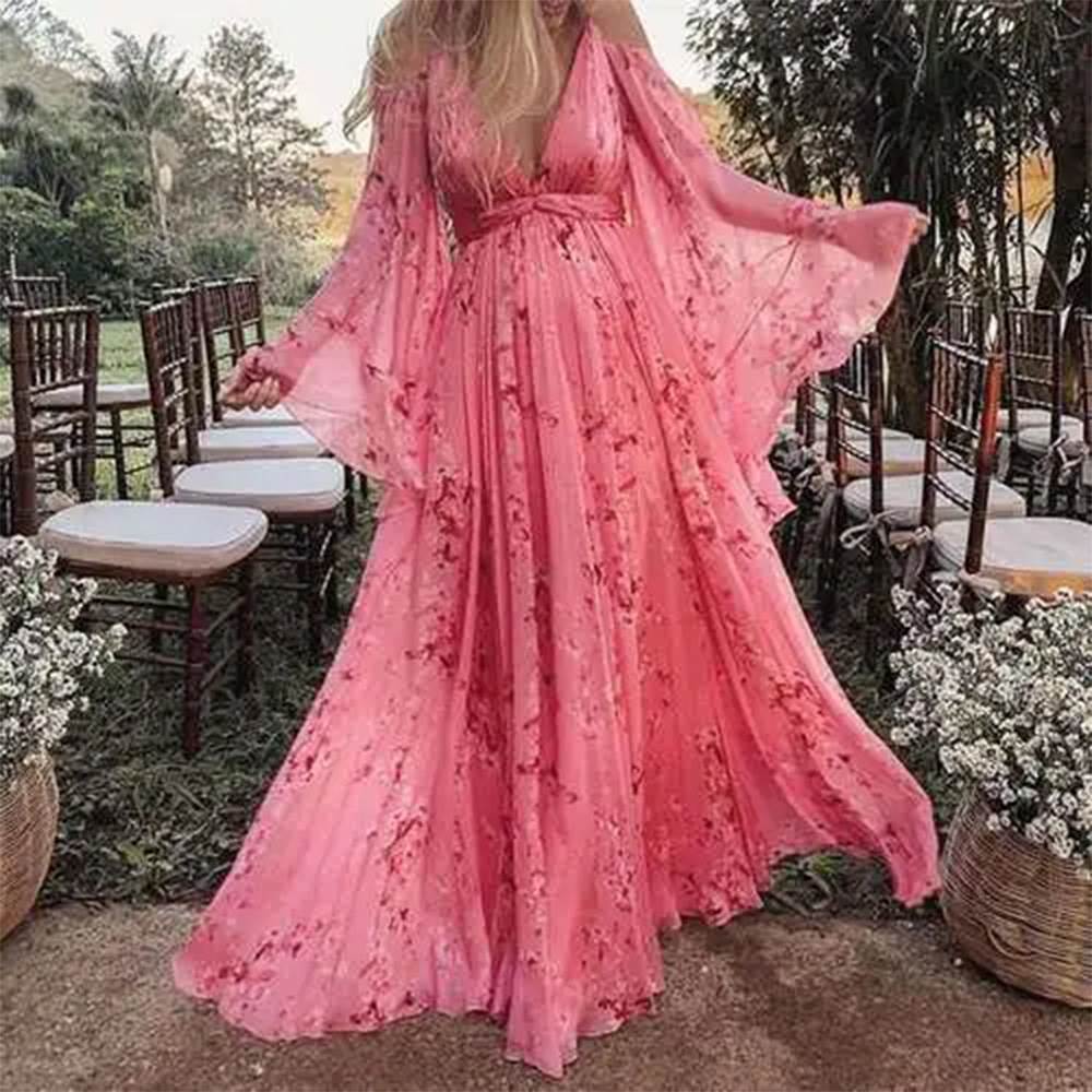 欧美V领时尚碎花长裙孕妇大码女大摆连衣裙Floral Casual Dress