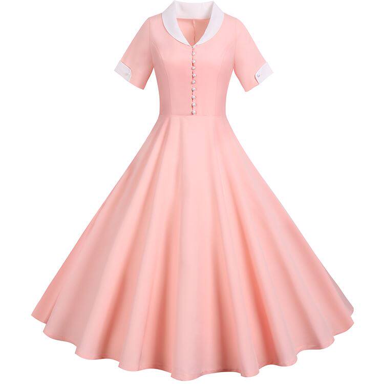 夏季新品纯色拼白色短袖西服领排扣中长款大摆连衣裙礼服裙5色5码