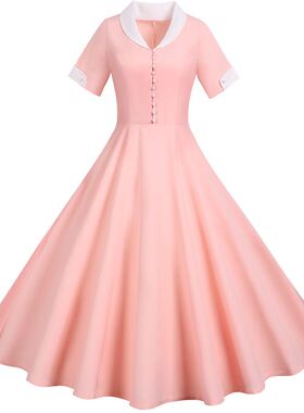 夏季新品纯色拼白色短袖西服领排扣中长款大摆连衣裙礼服裙5色5码