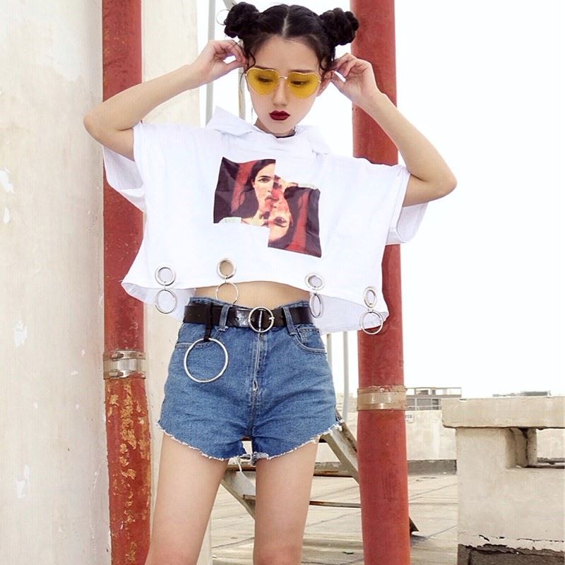 很酷的衣服女怪味少女短袖上衣帅气街头露肚脐韩版铁环嘻哈b1|ruв категории Женская одежда, футболка - от Buy2taobao.com для оказания профессиональной услуги покупки агента Taobao