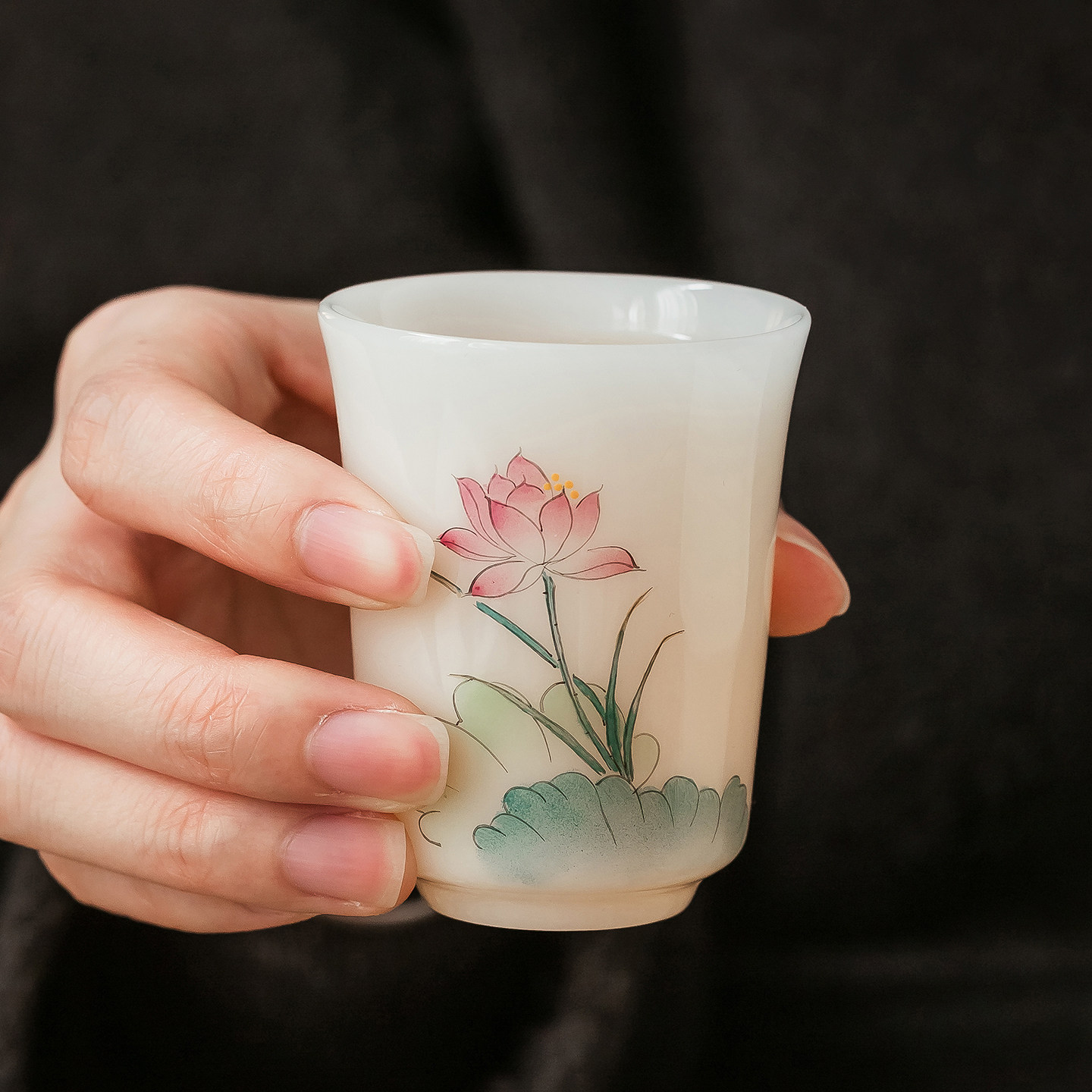精工手绘荷花茶杯原矿高岭土白瓷璞玉瓷功夫茶具品茗杯单个送长辈