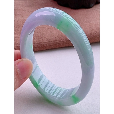 老凤玉镯缅甸天然翡翠冰糯种飘花春彩翡翠玉手镯正圈飘绿带紫玉镯