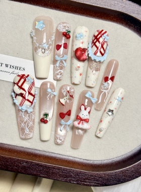 【苹果兔兔】可爱甜心兔子少女风纯手工猫眼穿戴甲苹果夏日限定