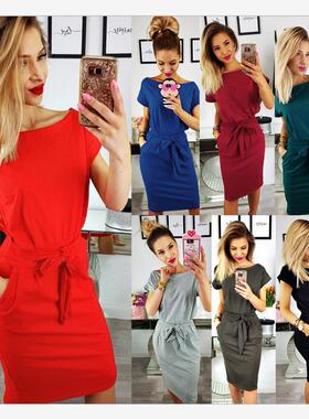 2020夏季新款速卖通亚马逊wish爆款货源 时尚系带圆领口袋连衣裙