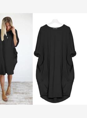 亚马逊wish速卖通新款女装 2020爆款休闲宽松口袋长袖连衣裙