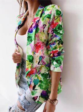 2022新款女装跨境外贸亚马逊欧美印花春装薄款外套小西装长袖