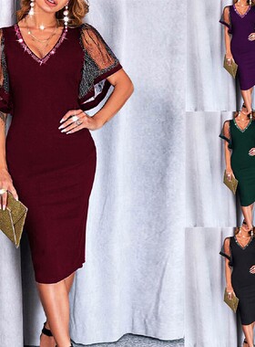 2022春季欧美跨境女装新款亚马逊Ebay纯色烫钻网纱V领连衣裙