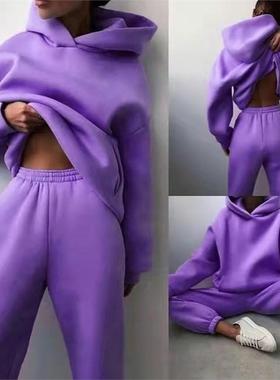 women winter fleece coat+pants 休闲连帽卫衣两件套2024