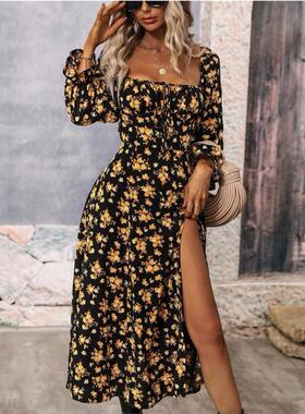 2022秋冬女装新款亚马逊 速卖通热卖女装印花长袖连衣裙