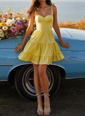 Yellow party dress黄色吊带系带蝴蝶结甜美收腰显瘦连衣裙中短裙