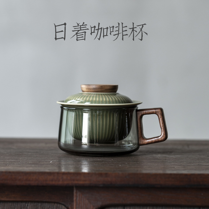 越青窑日着防烫咖啡杯陶瓷泡茶杯竹盖玻璃杯带茶漏过滤办公室茶具