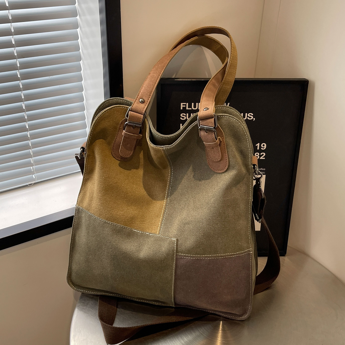 大容量帆布拼接撞色女包