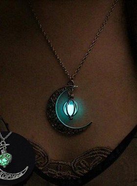 IPARAM moon glowing necklace, green stone charm jewelry, sil
