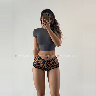 宝藏女孩性感豹纹超短运动短裤女透气弹力跳舞显臀健身裤瑜伽裤