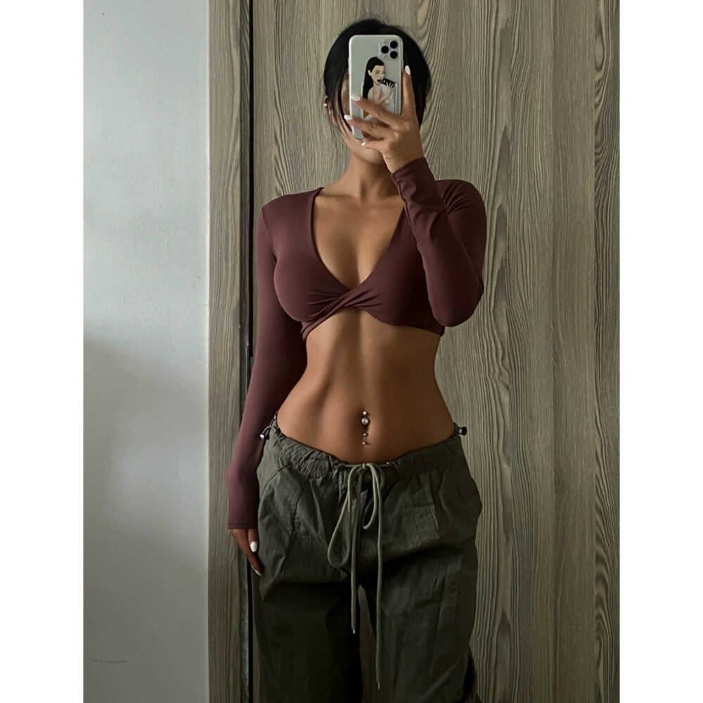 运动上衣欧美深V长袖瑜伽服性感健身训练露脐T恤辣妹带胸垫