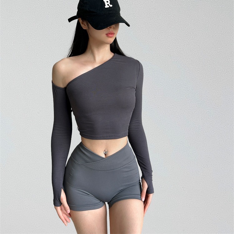 露肩健身性感瑜伽长袖训练t恤